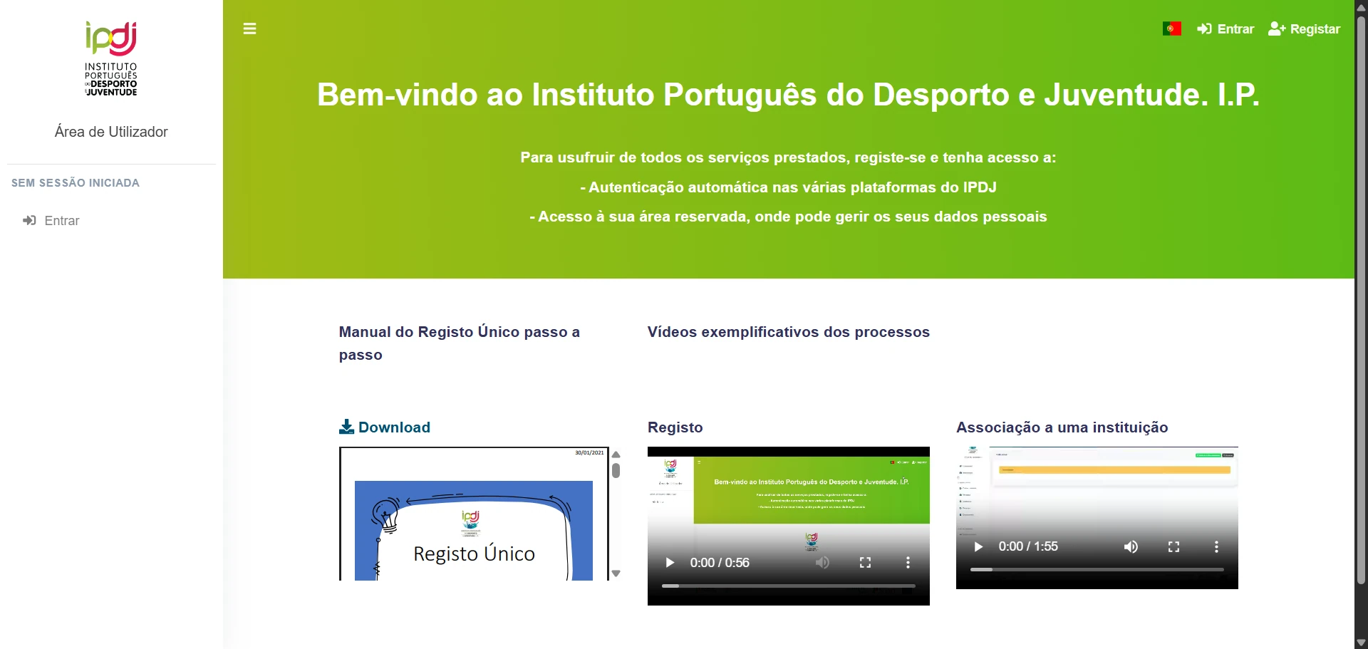 Página inicial do BDU do IPDJ, com os botões Entrar e Registar no canto superior direito