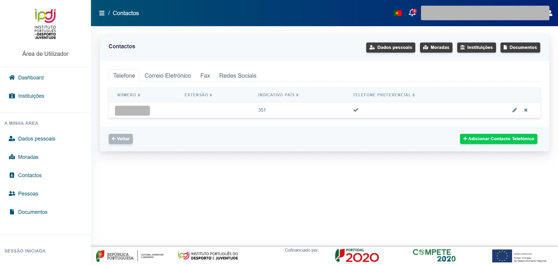 Página de contactos no separador Telefone, com o separador Correio Eletrónico ao lado