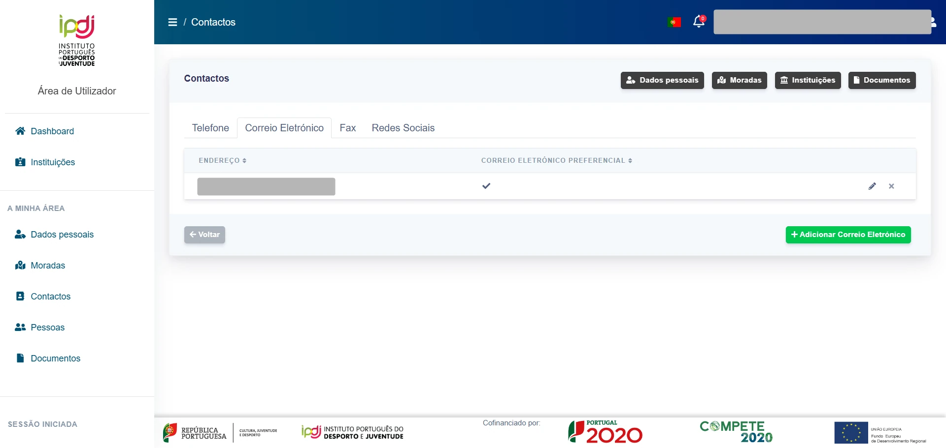 Página de contactos no separador Correio Eletrónico, com o endereço preferencial assinalado