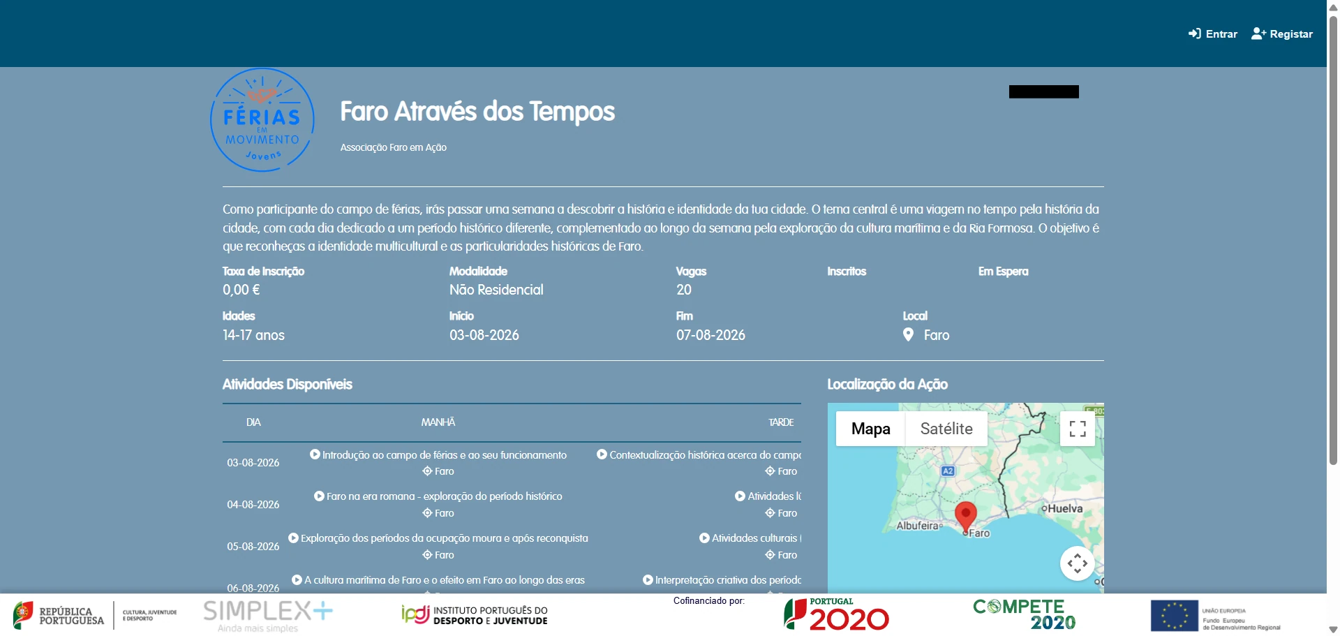 Página do campo Faro Através dos Tempos no portal do IPDJ, com o botão Entrar no canto superior direito