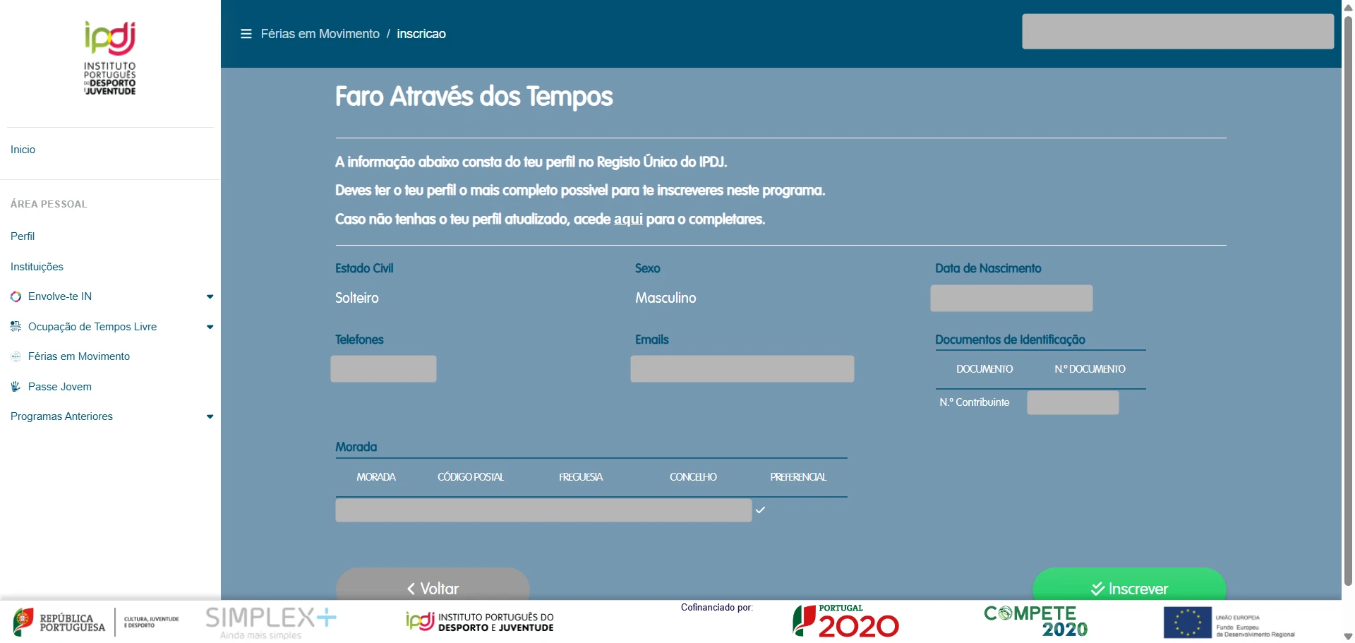Página de inscrição com o resumo dos dados do perfil e o botão Inscrever no canto inferior direito