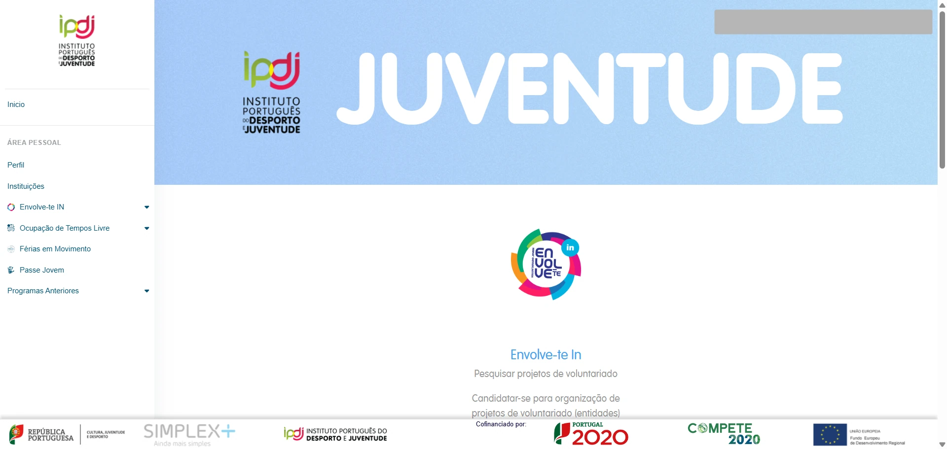 Página inicial do portal da juventude com a opção Férias em Movimento no menu lateral
