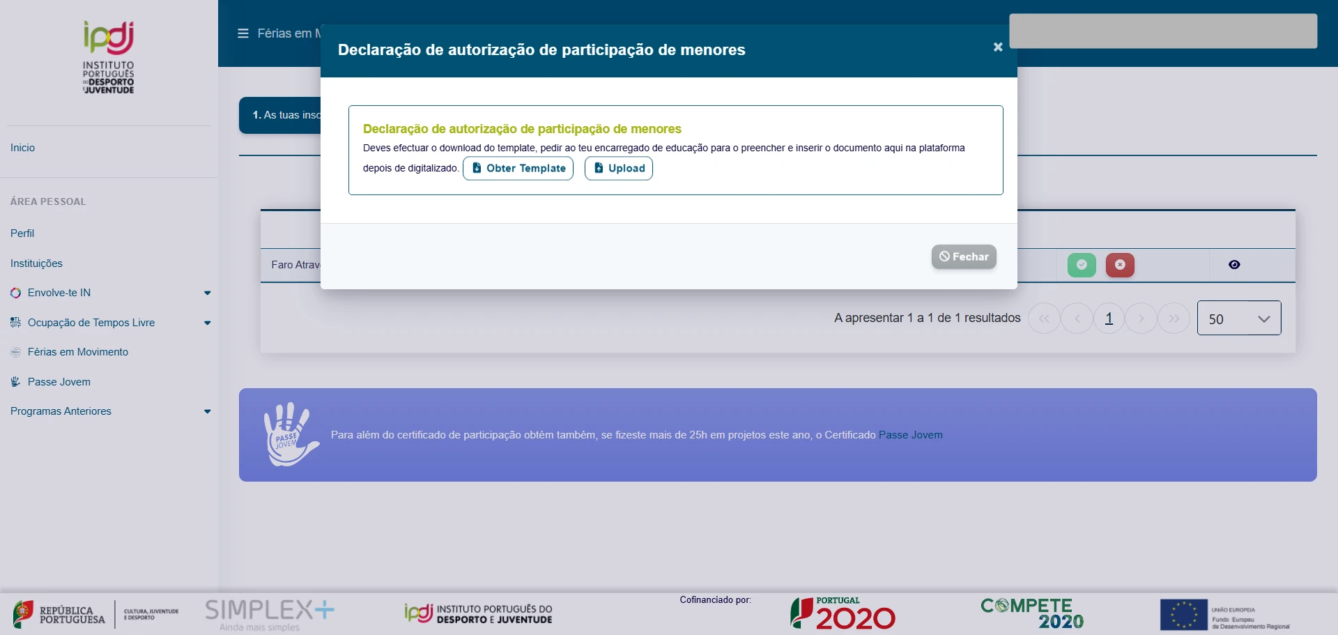 Janela da declaração de autorização de participação de menores, com os botões Obter Template e Upload